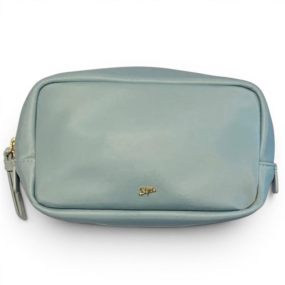 Samantha Thavasa Zip Around Toiletries Bag Blue Nylon Leather Makeup Pouch NEW